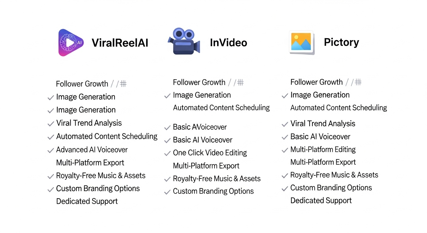 A graphic comparing ViralReelAI with InVideo and Pictory.